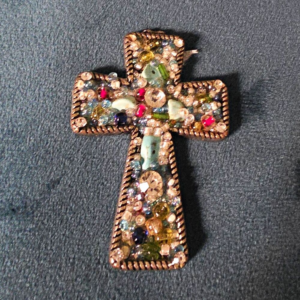 Gold Tone Religious Flat Surface Hang Multicolor Round Crystal Rhinestones 2.5"